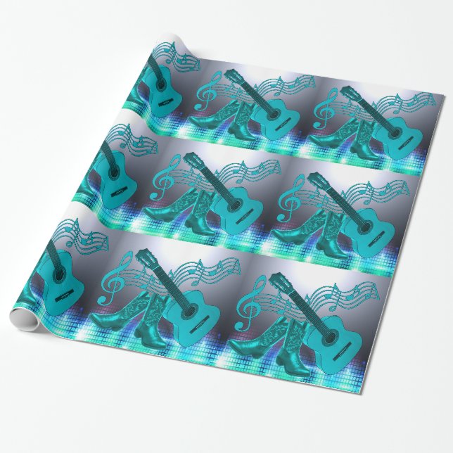 Papier Cadeau Musique Occidentale Guitare Bleue Et Bottes Cowboy (Déroulé)