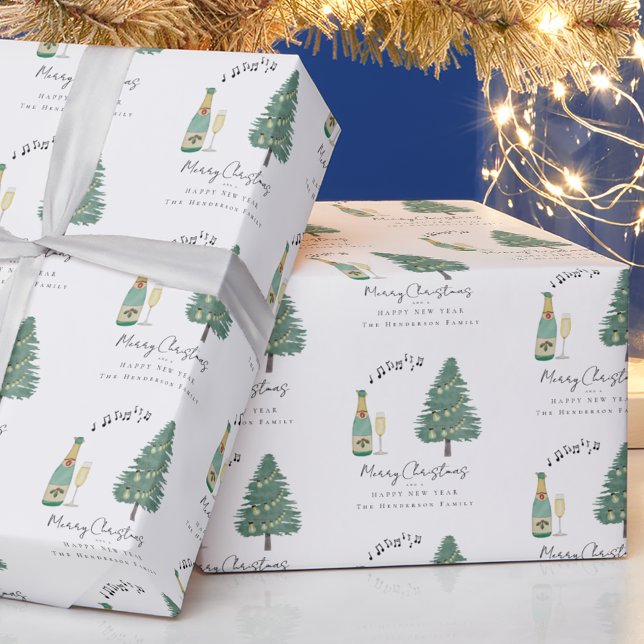 Papier Cadeau Musique Whimsical personnalisée Vin Arbre Noël (Personalized merry Christmas happy new year family name whimsical tree wine music wrapping paper)