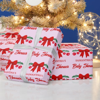 Papier Cadeau Naissance Cerise à Ruban Gingham Rou