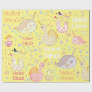 Papier Cadeau Narval et amis dragons jaune personnalisé