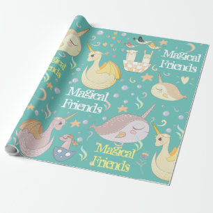 Papier Cadeau Narval et amis dragons sarcelle personnalisés