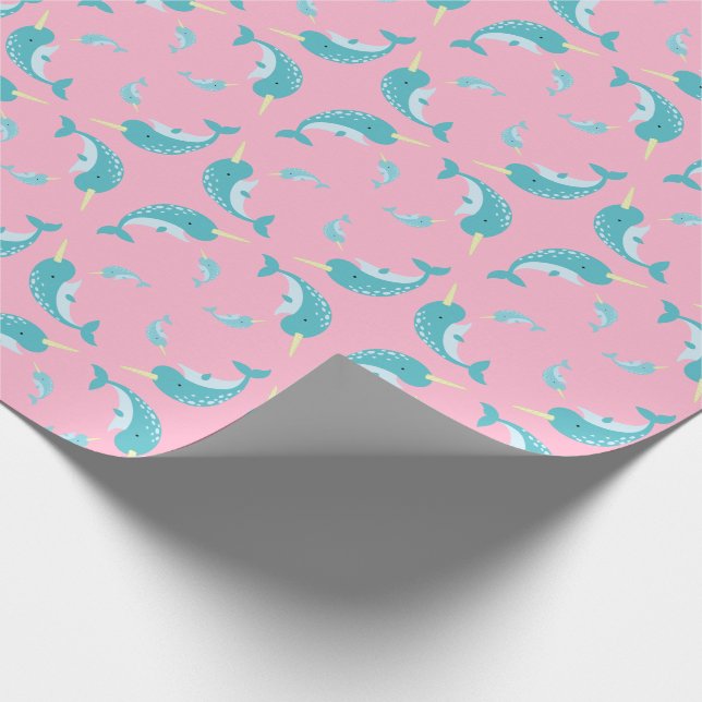 Papier Cadeau Narwhal Baby shower rose fille baleine (Coin)