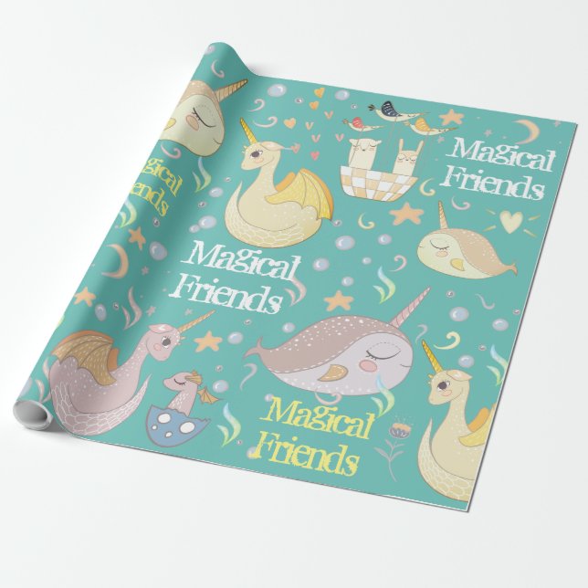 Papier Cadeau Narwhal et Dragon amis Turquoise Personnalisé (Déroulé)