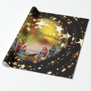 Papier Cadeau Nativité Crib Vierge Marie Jésus Étoiles de Noël