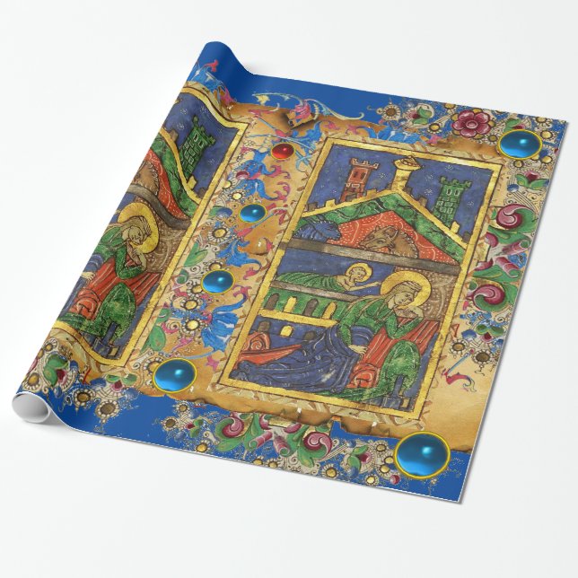 PAPIER CADEAU NATIVITÉ FLORALE BLEUE PARCHEMENT DE NOËL ET GEMS (Déroulé)