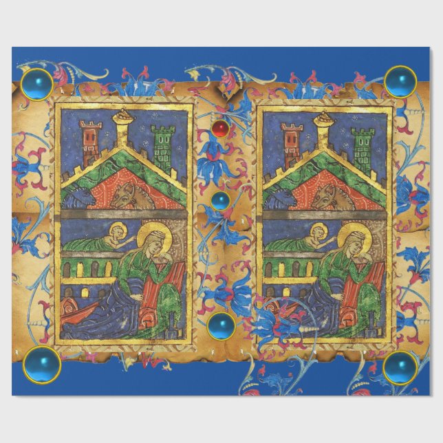 PAPIER CADEAU NATIVITÉ FLORALE BLEUE PARCHEMENT DE NOËL ET GEMS (Plat)