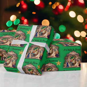 Papier Cadeau Nativité vintage Joyeux Noël Un enfant est né