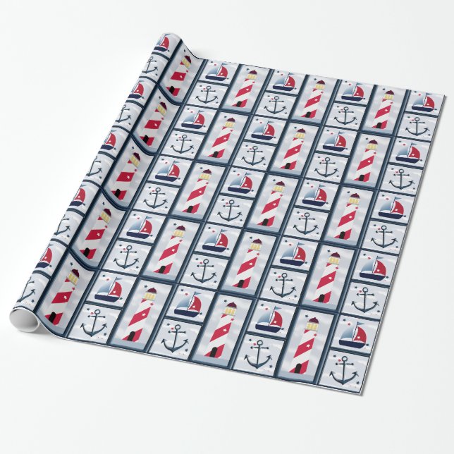 Papier Cadeau Nautical Cute Sailboat Lighthouse Ancre Design (Déroulé)