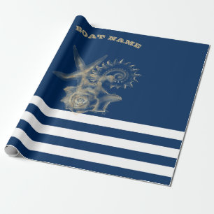 Papier Cadeau Nautique, Coquillages d'or Marine Bleu