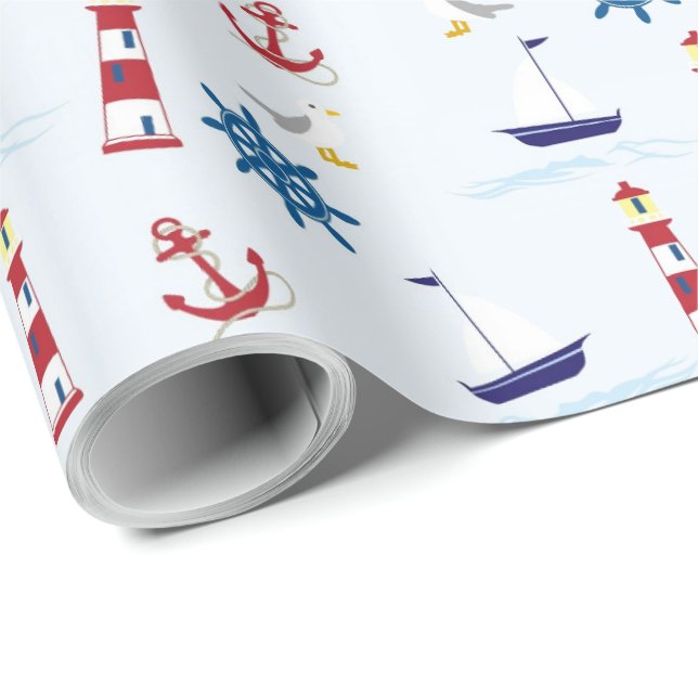 Papier Cadeau Nautique rouge, bleu et blanc (Coin rond)