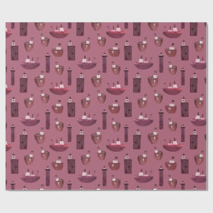 Papier Cadeau Navires et phares en bois Plum poussiéreux