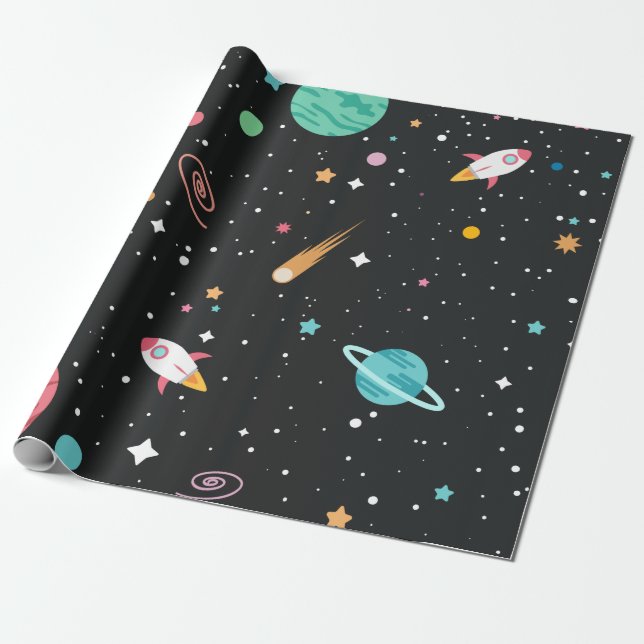 Papier Cadeau Navires spatiaux et planètes en noir (Déroulé)