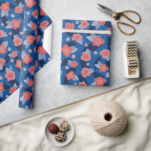 Papier Cadeau Navy bleu pêche fleurs anniversaire