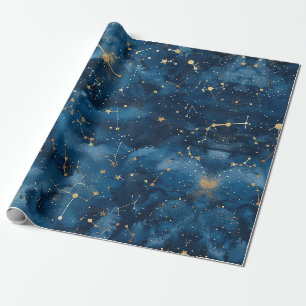Papier Cadeau Nébuleuse cosmique en or bleu de minuit Poussière