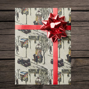 Papier Cadeau Neige couverte 1920 City Street Cars Anniversaire 