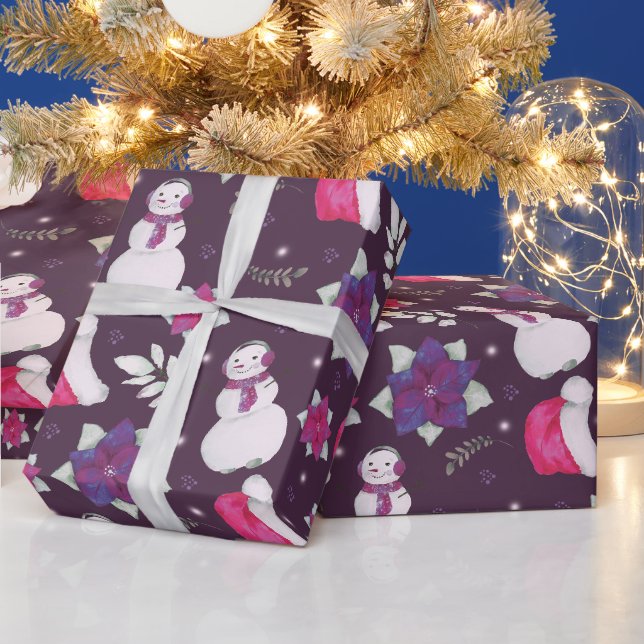 Papier Cadeau Neige hiver verdure pourpre moderne Noël (Vacances)