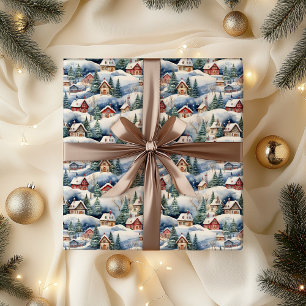 Papier Cadeau Neige hiver Village Noël