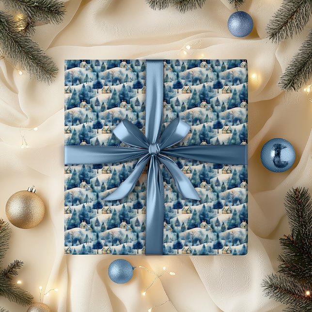 Papier Cadeau Neige hiver Wonderland Paysage Noël (Snowy Winter Wonderland Alpine Village Landscape Christmas Holiday Blue Wrapping Paper)