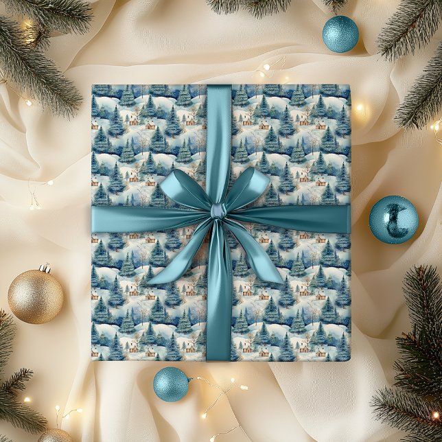 Papier Cadeau Neige hiver Wonderland Paysage Noël (Snowy Winter Wonderland Alpine Village Landscape Christmas Holiday Blue Wrapping Paper)