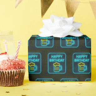Papier Cadeau Neon Birthday Bière Mug Sur Noir