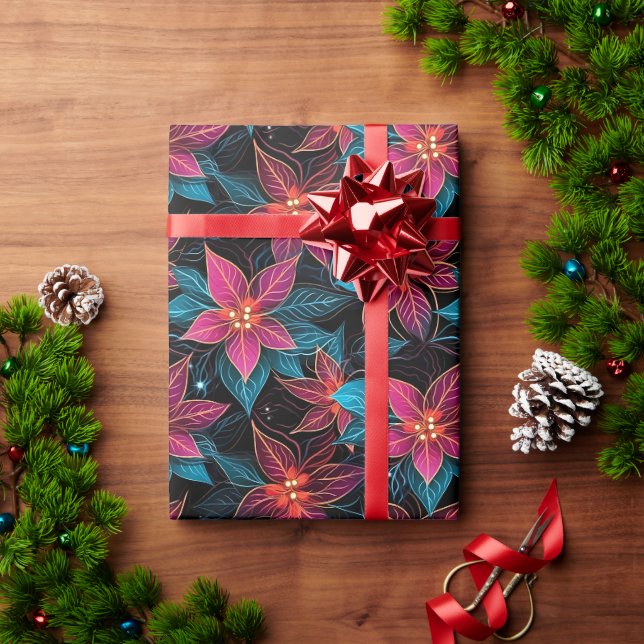 Papier Cadeau Neon Christmas Poinsettias (Cadeau de vacances)