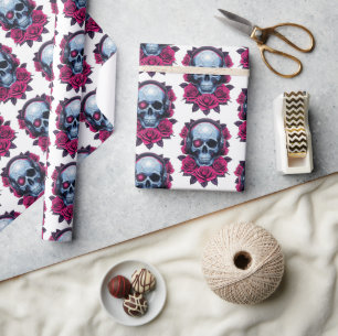 Papier Cadeau Neon Cyber-mort crâne et Rose blanc