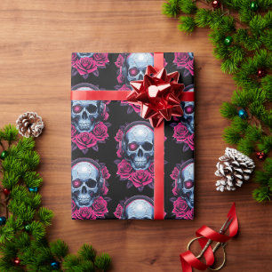Papier Cadeau Neon Cyber Mort Crâne et Rose Noir