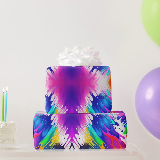 Papier Cadeau Neon, Faux Glow in the Dark, Paint Splatter (Cadeaux de fête)