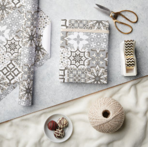 Papier Cadeau Neutre, beige, gris, tuiles marocaines