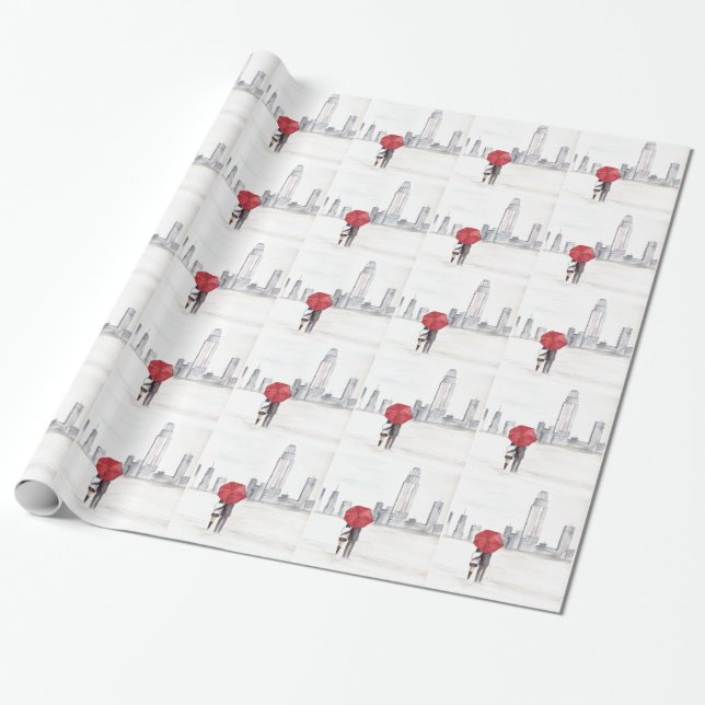 Papier Cadeau New York City skyline rouge parapluie couple d'amo (Déroulé)