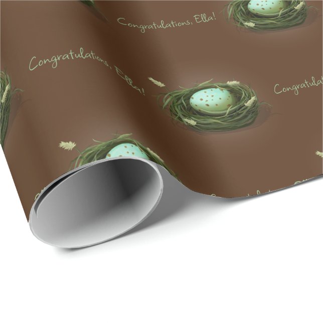 Papier Cadeau Nid d'oiseau avec Oeuf Bleu Speckled Brown foncé P (Coin rond)