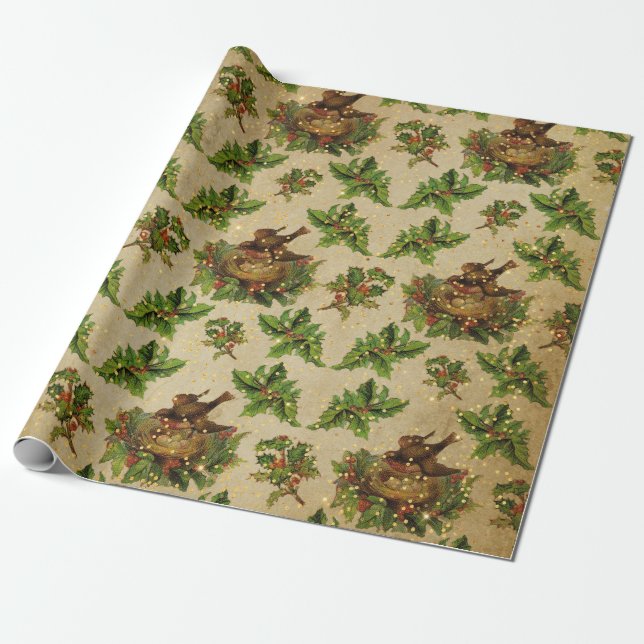Papier Cadeau Nid d'oiseau vert de Noël antique (Déroulé)