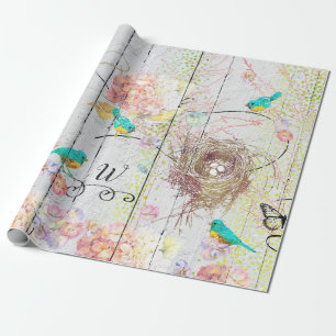 Papier Cadeau Nid rose d'oiseaux d'hortensia d'oiseaux bleus