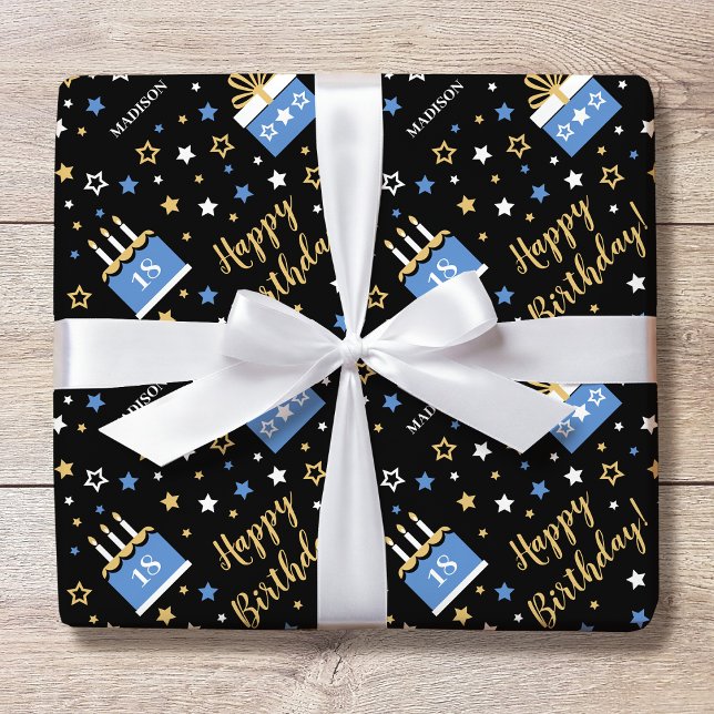 Papier Cadeau N'importe quel âge Joyeux Anniversaire Gâteau Bleu (Créateur téléchargé)