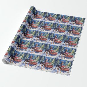 Papier Cadeau Noble Doberman gardant le traîneau de Noël en hive