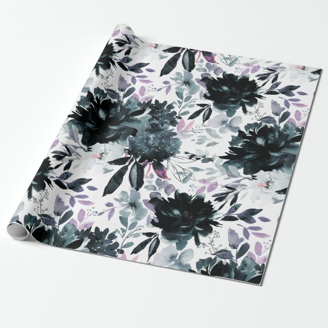 Papier Cadeau Nocturne Floral Marine Blue Flower Bouquets Mariag (Déroulé)
