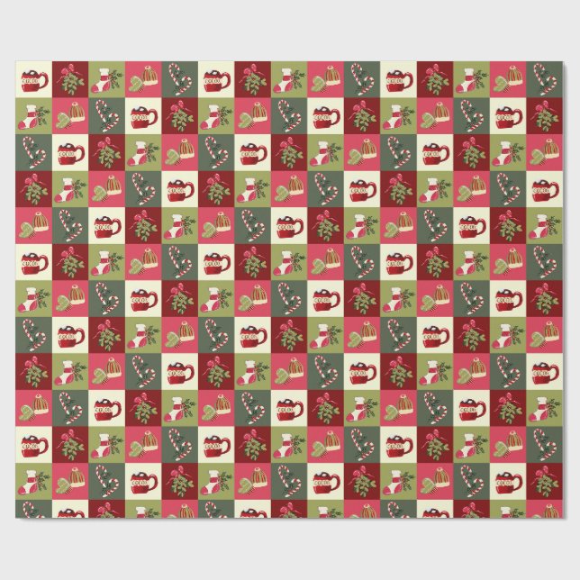 Papier Cadeau Noël À damiers cacao sucre de canne mistletoe (Plat)