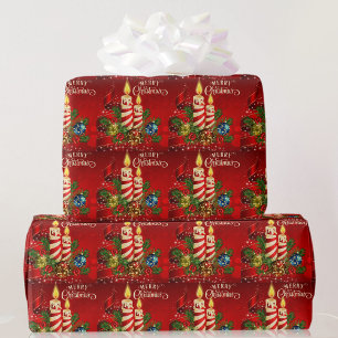Papier Cadeau Noël à la lumière des bougies Rouge, Bougies, Cône