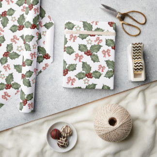 Papier Cadeau Noël à l'aquarelle avec houx, baies et nœud de can