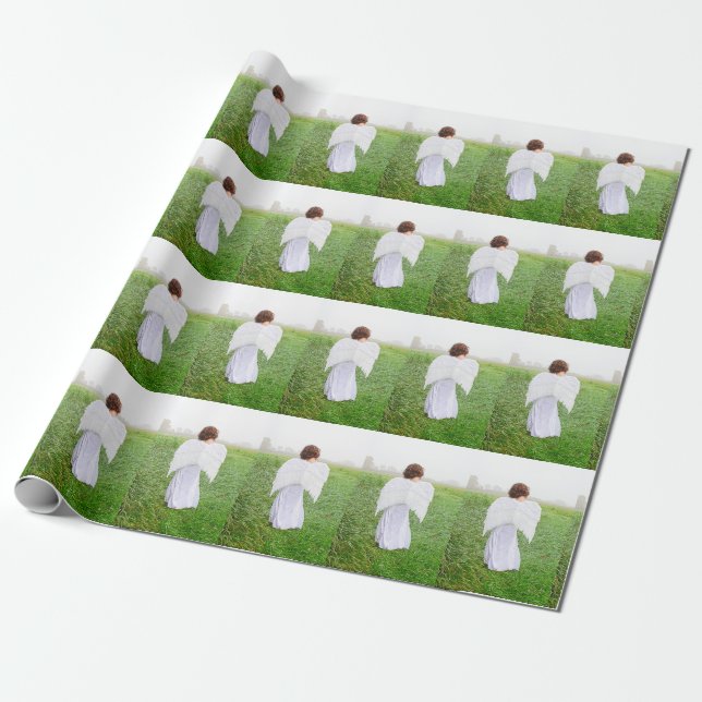 Papier Cadeau Noël Ange Fille Blanc Vert Vacances (Déroulé)
