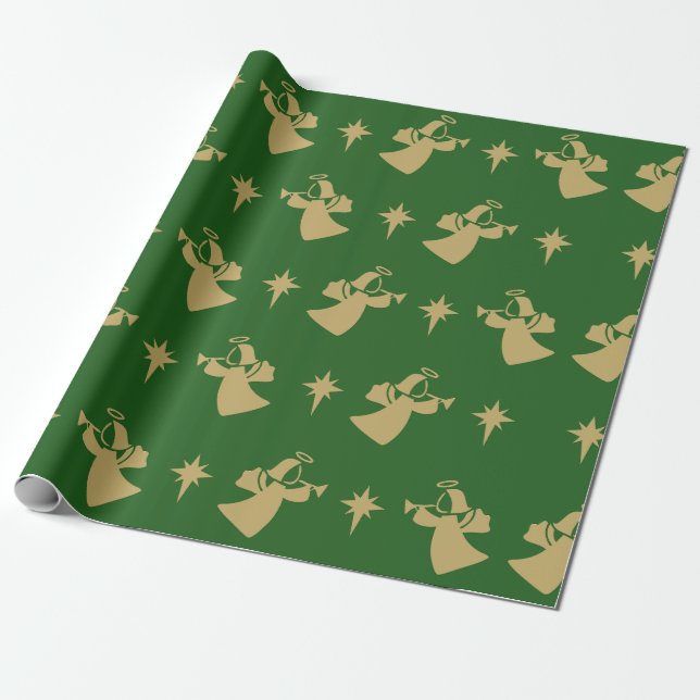 Papier Cadeau Noël Angel Nativité Star Green Gold (Déroulé)