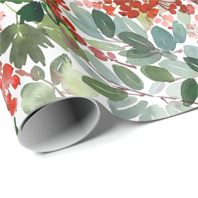 Papier Cadeau Noël Aquarelle Feuillage Holly Berry Holiday (Coin rond)