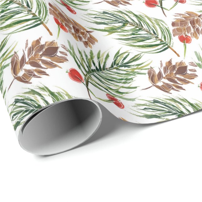 Papier Cadeau Noël Aquarelle Pine Cônes Vacances (Coin rond)