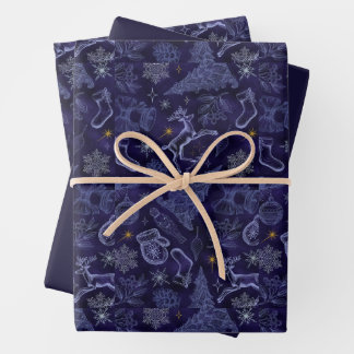 Papier cadeau Noël Arbre Renne Flocon de Neige Ble