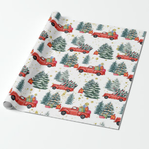 Papier Cadeau Noël Arbre Rouge Camion Aquarelle Vacances