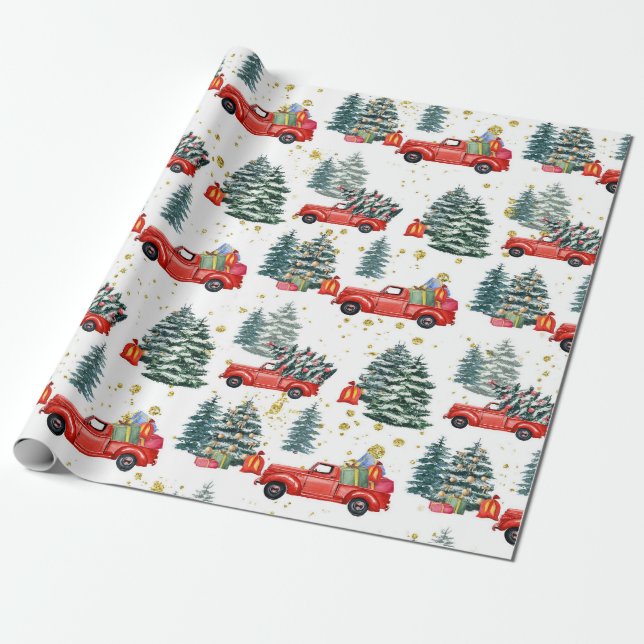 Papier Cadeau Noël Arbre Rouge Camion Aquarelle Vacances (Déroulé)