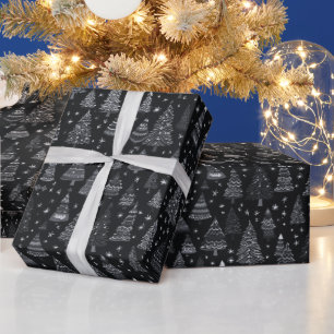 Papier Cadeau Noël Arbres Noir et Blanc Noir Noël
