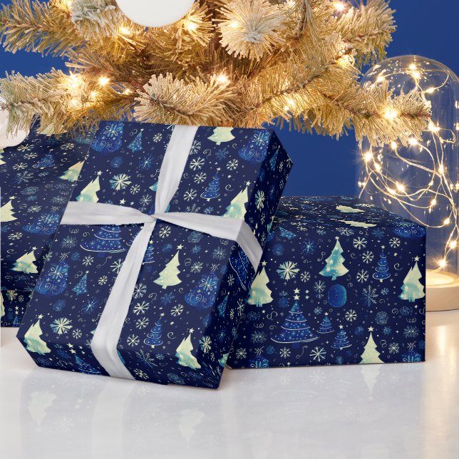 Papier Cadeau Noël Arbres Snowflakes Bleu Noël (Vacances)