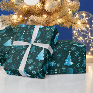 Papier Cadeau Noël Arbres Snowflakes Green Christmas