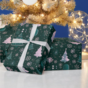Papier Cadeau Noël Arbres Snowflakes Green Christmas